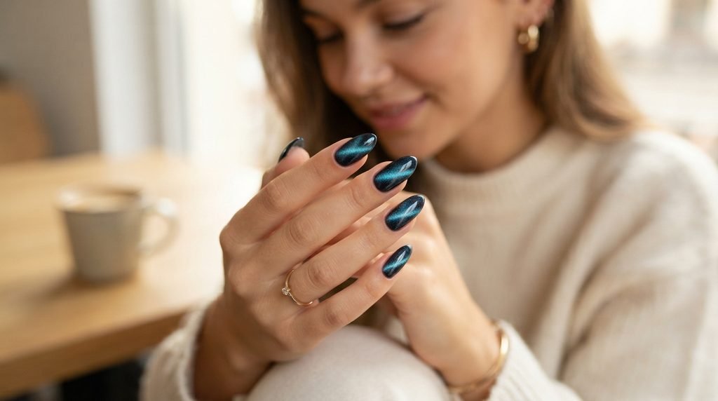 cat eye nail polish on almond nails