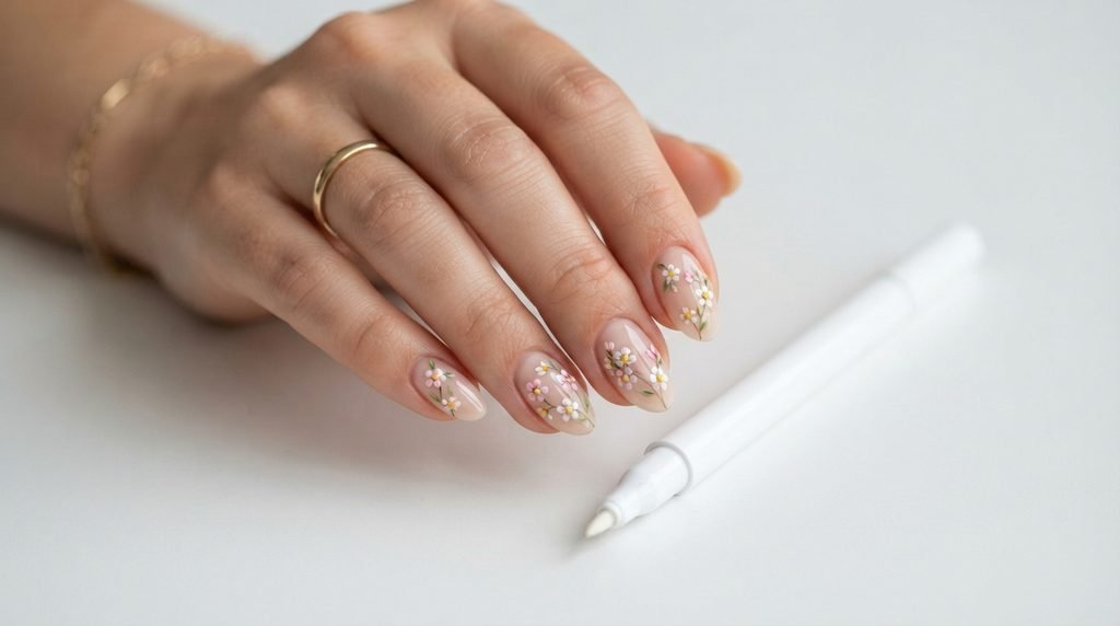 Floral nail art with nail varnish pens
