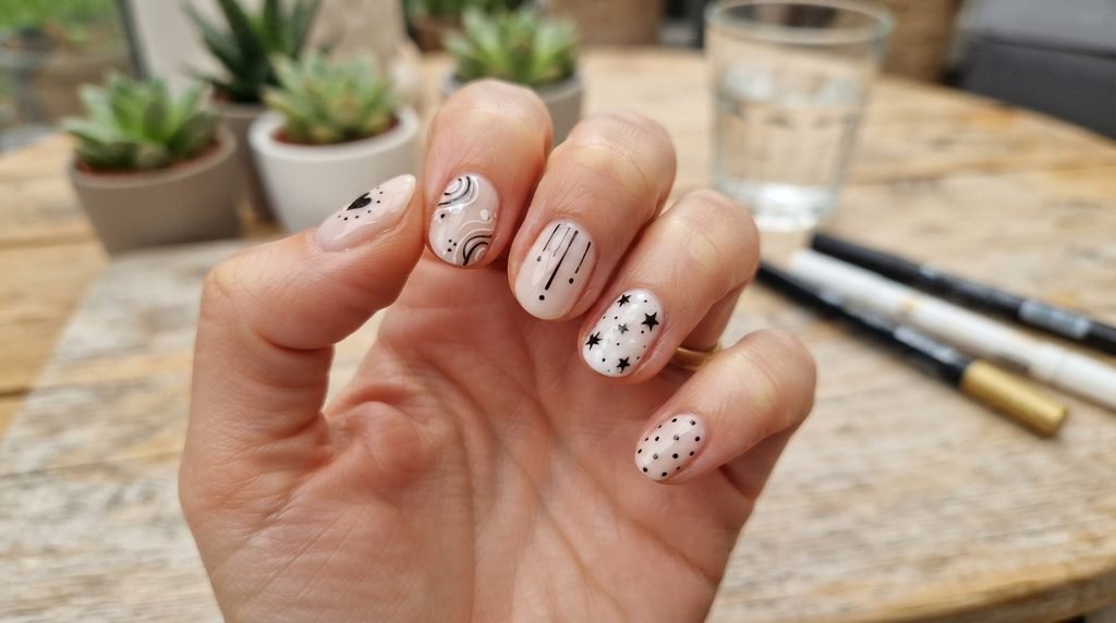 Simple nail art created with nail varnish pens