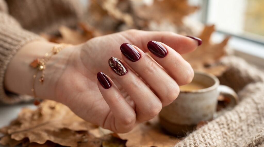 Burgundy and Gold Nails