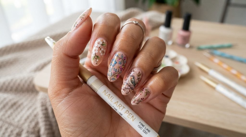 Beautiful nail art created with nail varnish pens