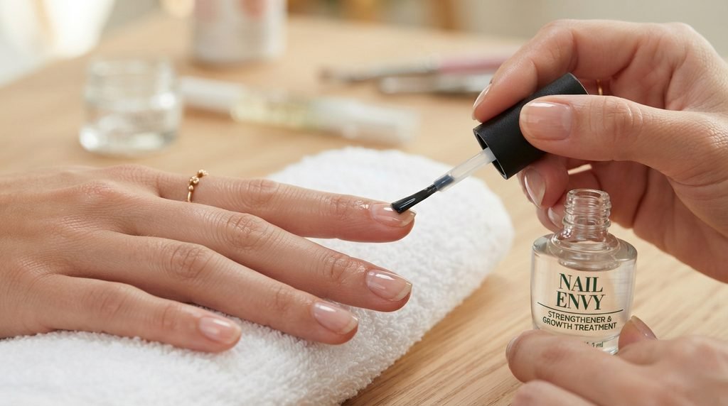 Nail strengthener being applied to natural nails