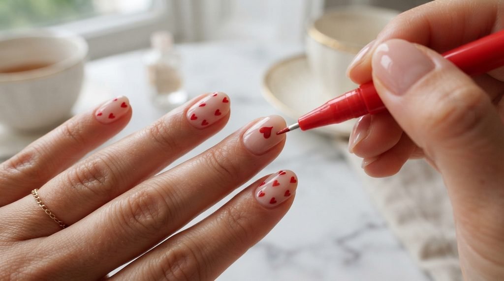Alt text: Heart nail designs with nail varnish pens
