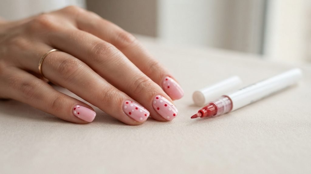 Alt text: Dot nail art with nail varnish pens